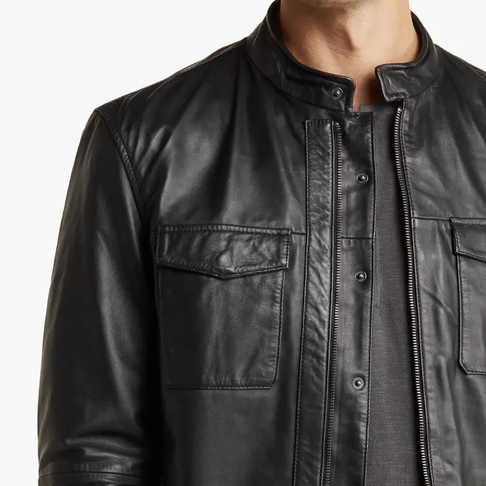 John Varvatos Men's Steve Leather Shirt Jacket Racer Collar Snap/Zip Front Black - Picture 3 of 6